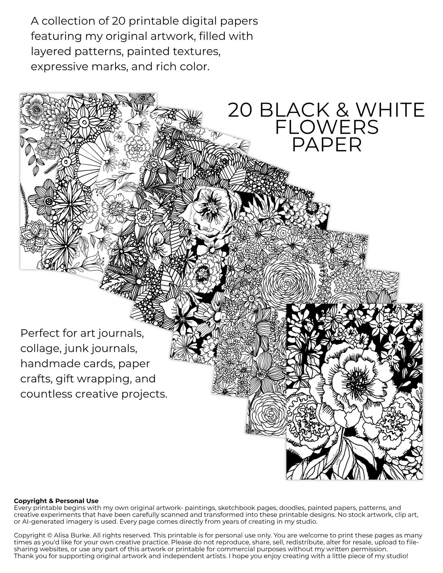 Black and White Flowers Printable Paper