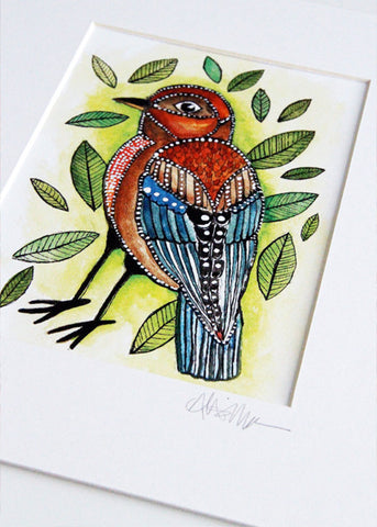 little bird with leaves 8x10 matted print