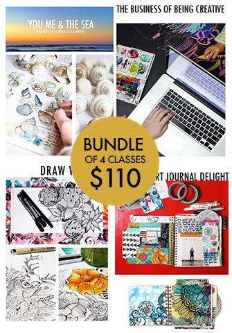 bundle of 4 classes: The Business of Being Creative, Art Journal Delight, You,Me & the Sea, Draw With Me