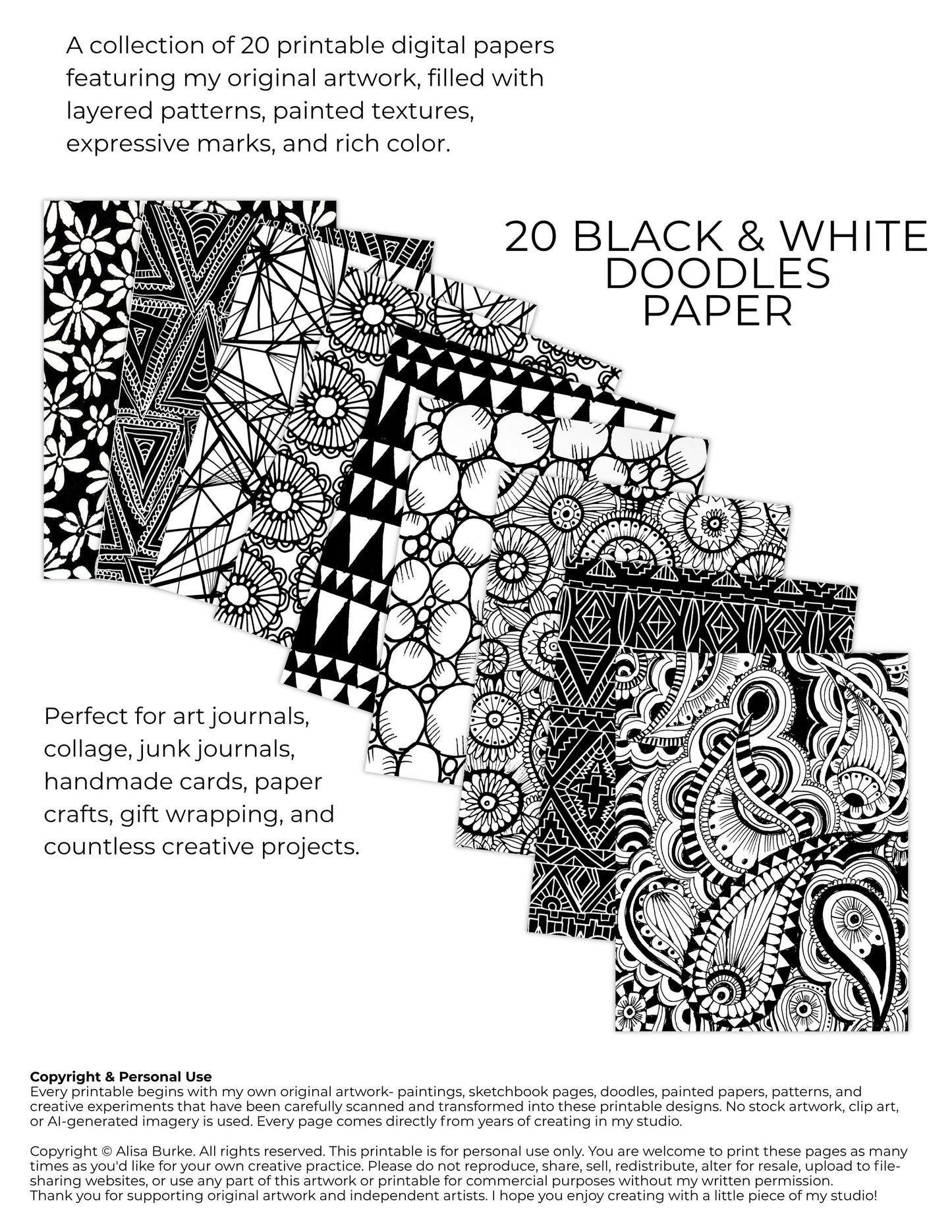 Black and White Doodles Printable Paper