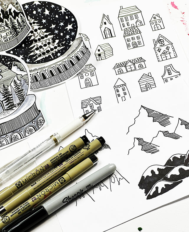 pen and ink snow globes