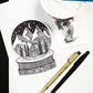 pen and ink snow globes