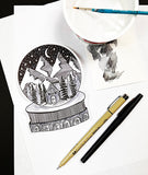 pen and ink snow globes