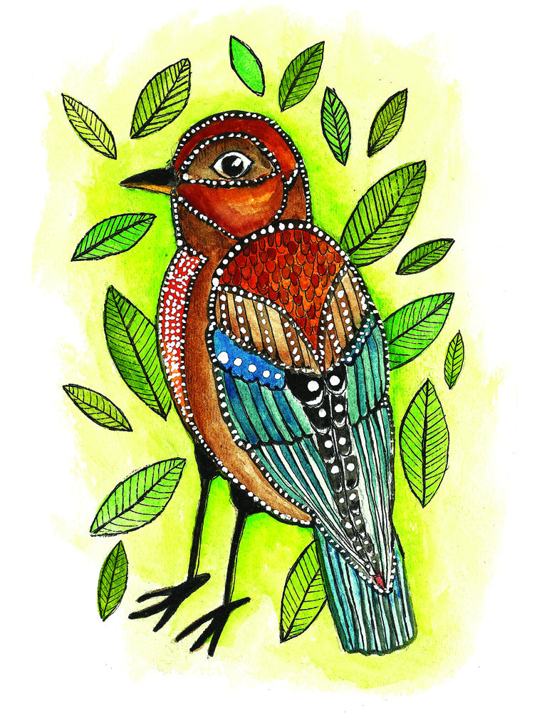 little bird with leaves 8x10 matted print