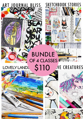 bundle of 4 classes: Art Journal Bliss, Lovely Landscapes, Sketchbook Stories, Creative Creatures