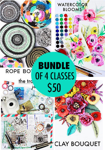 bundle of 4 classes: Rope Bowls, Watercolor Blooms, The Travelers Journal, Clay Bouquet