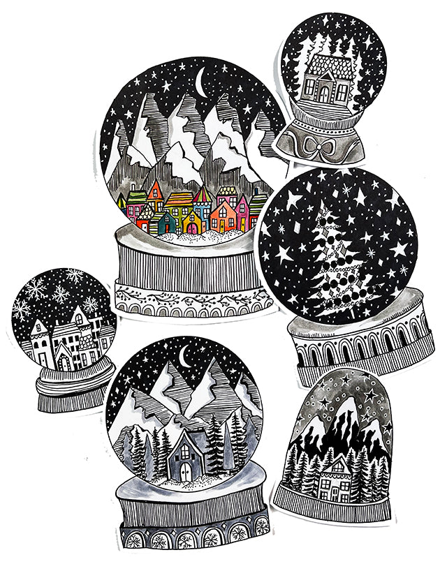 pen and ink snow globes