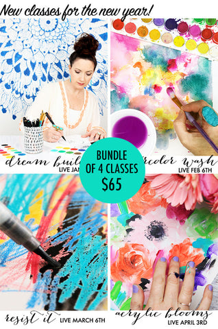 bundle of 4 classes: Dream Builder, Watercolor Wash, Resist It, Acrylic Blooms